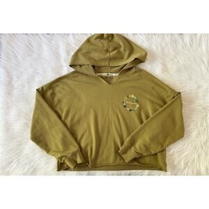 Champion Hoodie Pullover Olive Green Crop Cut Hem Flower Hooded Size Large